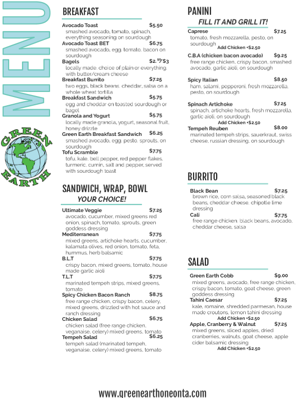 The Green Earth Health Market | Cafe Menu